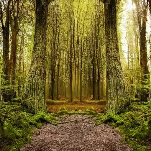 Image similar to A beautiful forest with doors leading into another dimension