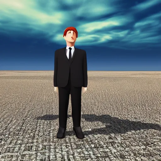 Prompt: sad businessman on empty island, beautiful sky, rendered in bryce3d, bryce, 3d