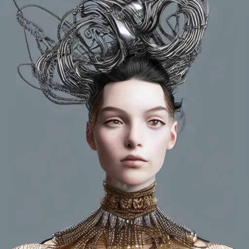 Prompt: A masterpiece portrait of a Incredibly beautiful futuristic high fashion queer model girl with a large luxurious Victorian necklace made of barbred wire. Rococo dress from wax. trending on artstation, digital art, by Stanley Artgerm Lau, WLOP, Rossdraws, James Jean, Andrei Riabovitchev, Marc Simonetti, Yoshitaka Amano