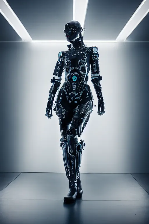 Image similar to beautifull cyberpunk woman model, wearing organic ceramic fractal armor, luxury materials, symmetrical, cinematic, elegant, professional studio light, real dlsr photography, sharp focus, 4 k, ultra hd, sense of awe, high fashion