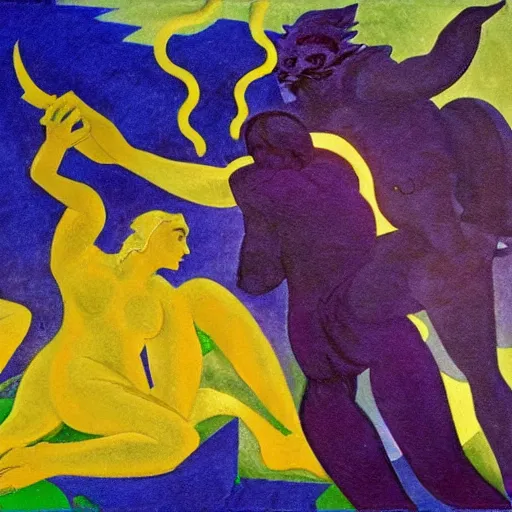 Image similar to oil on masonite painting by aaron douglas of a scene from greek mythology of medusa, green yellow and purple