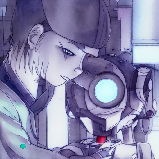 Image similar to a broken robot fixing itself, anime, pencil lines, light watercolour painting, pale sky, beautiful artwork, anime screenshot, tokyo