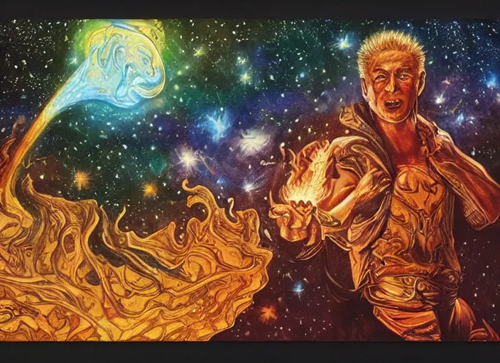 Image similar to high intricate colored ink drawing of the sandman holding a glimmering fire - galaxy, full shot, neil gaiman, maria panfilova, andrea savchenko, mike kime, ludovic plouffe, qi sheng luo, oliver cook, julian calle, eddie mendoza, trending on artstation