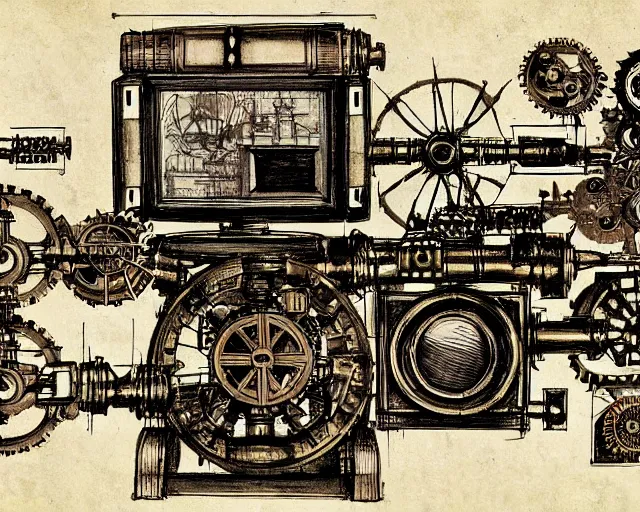 Prompt: steampunk mechanical electrical television set sketch with detailed notes by leonardo da vinci