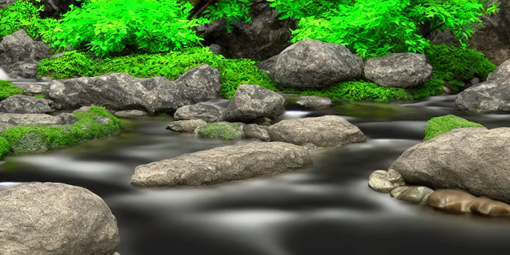 Image similar to A small dragon sitting on a glistening creek rock, flowing clear water creek bed, photorealistic 3D artwork.