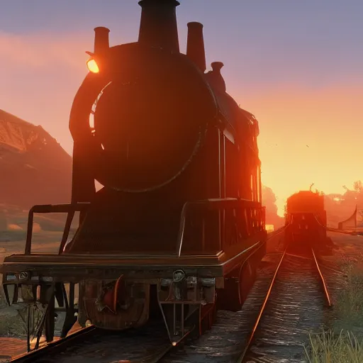 Image similar to futuristic sleek steam locomotive in red dead redemption 2