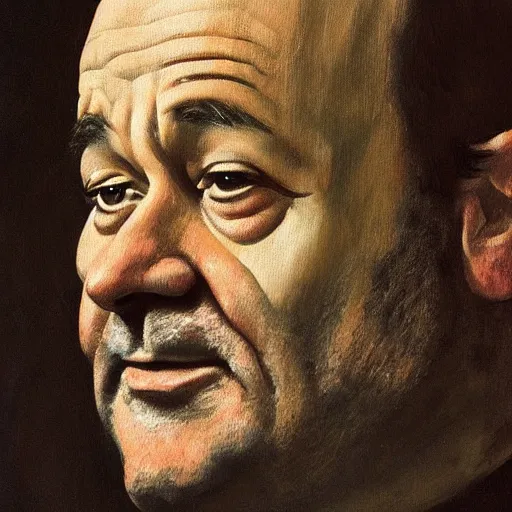 Prompt: close up portrait of bill murray painted by caravaggio