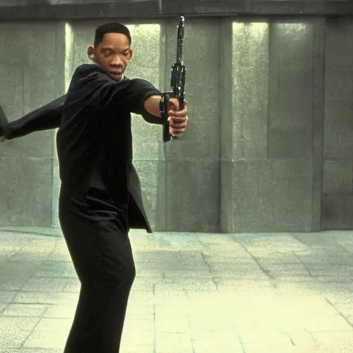 Image similar to film still of Will Smith as Neo in The Matrix fighting an agent