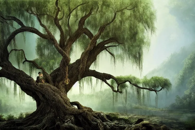 Prompt: masterpiece painting of the old man willow ebony tree of life on a hillside overlooking a creek | dramatic lighting | malign tree - spirit of great age | hyperrealism concept art of highly detailed by andreas franke