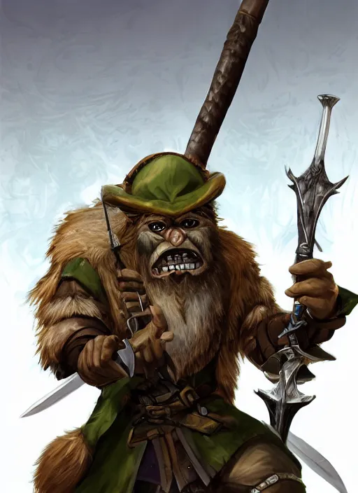 Image similar to strong young man, photorealistic bugbear ranger holding aflaming sword, black beard, dungeons and dragons, pathfinder, roleplaying game art, hunters gear, jeweled ornate leather and steel armour, concept art, character design on white background, by studio ghibli, makoto shinkai, kim jung giu, poster art, game art