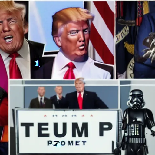 Prompt: Trump trying to protect his huge safe from the deep state agents wearing Storm Trooper gear, angry, kinetic, outrageous,