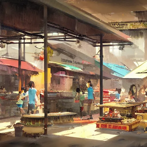 Image similar to concept art a singaporean neighborhood hawker centre, by greg rutkowski