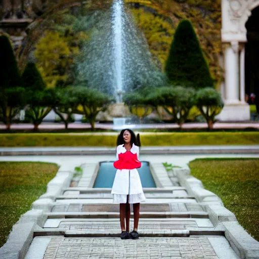 Image similar to a full body portrait of a young maid standing before a fountain in a park, 8k, cinematic, photo taken with Sony a7R camera, by William-Adolphe