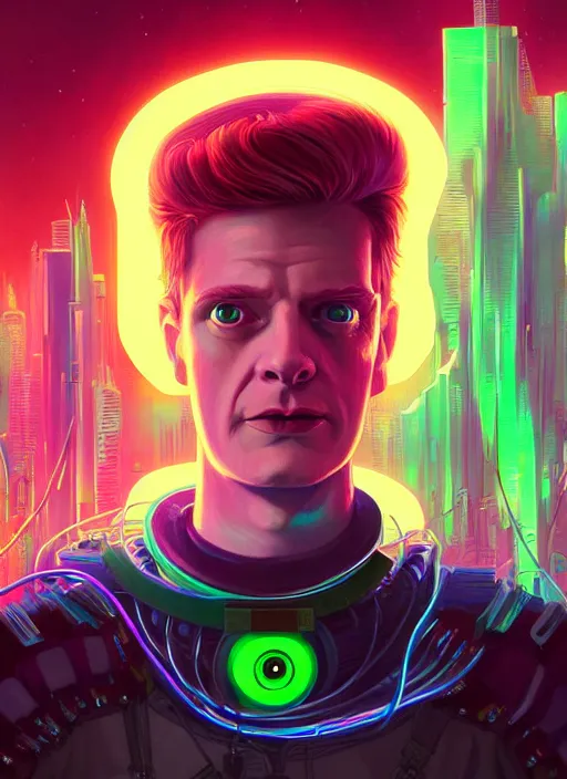 Image similar to portrait philip j. fry from futurama inside an scifi tentacles wires futuristic city, beautiful neon cats, cinematic, highly detailed, photorealistic, rich bright colors, trending on artstation, giger, tsutomu nihei, trending on cgsociety, awe inspiring bruce pennington cityscape, digital art painting of 1 9 6 0 s