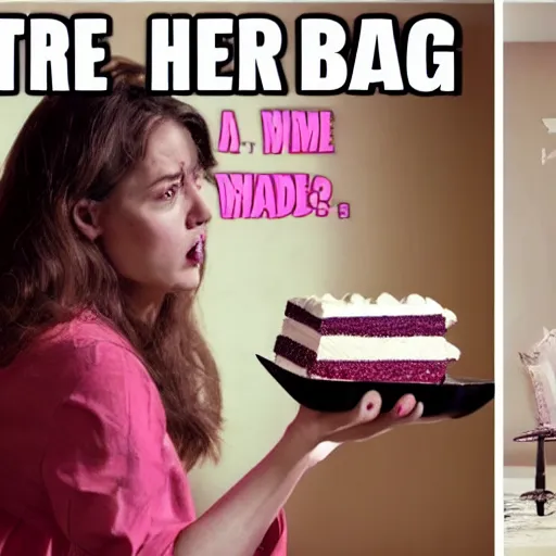 Image similar to Horror scene where a woman discovers that everything is made of cake: the bag she holds, the chair, the walls of the room and even herself!!!