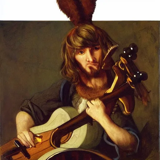 Prompt: a portrait of an anthro wolf playing a lute, furry fursona, by samuel luke fildes and greg hildebrandt