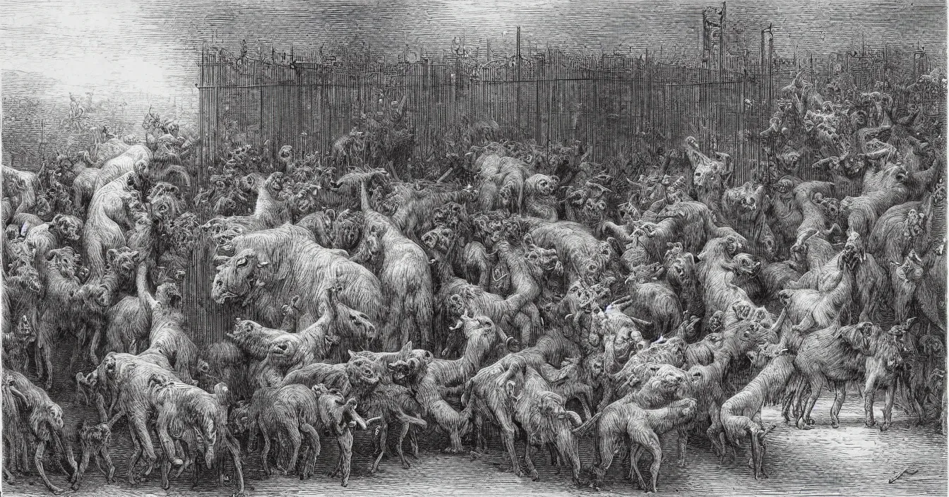 Prompt: One hundred politicians are locked in a cage in the zoo, the other animals are free to graze outside the cage, by Gustave Dore