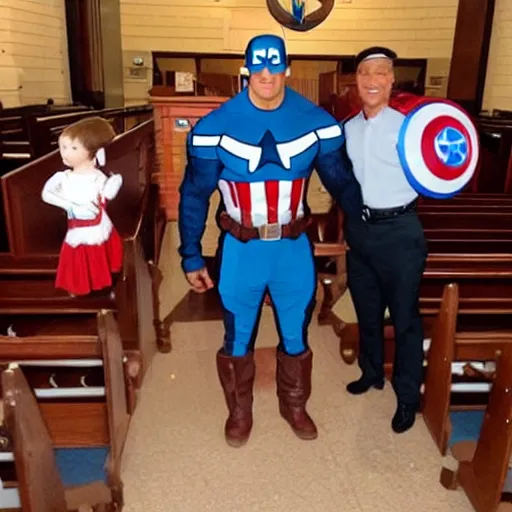 Image similar to dwayne the rock johnson in a captain america costume in a church
