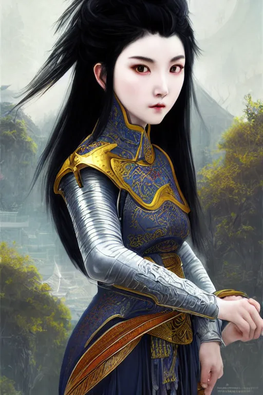 Image similar to portrait black hair young knights of Dynasty Warriors girl, matt white color armor, in ruin chinese temple rooftop moon magic night, ssci-fi and fantasy, intricate and very beautiful and elegant, highly detailed, digital painting, soft light, artstation, concept art, smooth and sharp focus, illustration, art by tian zi and WLOP and alphonse mucha