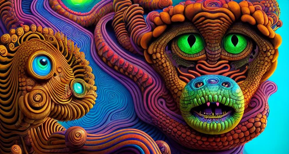 Prompt: surreal portrait of a giant cartoon alien lion as a psychedelic neural tiki reptile stone god by naoto hattori, android jones, and chris dyer, deep bold colors, galactic dmt entity, depth of field, intricate beautiful painting, billions of details, octane render, portal, 8 k, detailed vector, trending on artstation, cgisociety