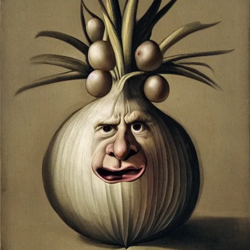 Prompt: onion man portrait, baroque painting, infuriated bulbous onion head