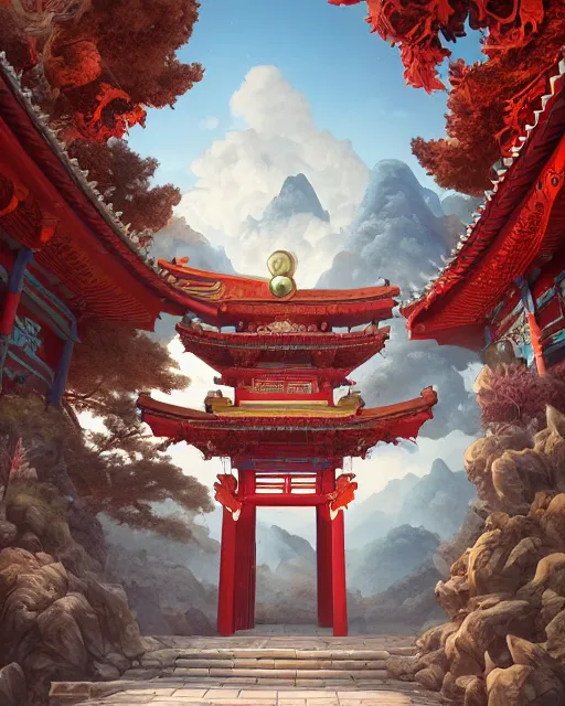 Prompt: tang dynasty shinto gate at the top of dragon mountain by peter mohrbacher and dan mumford and nekro, cgsociety, volumetric light, 3 d render