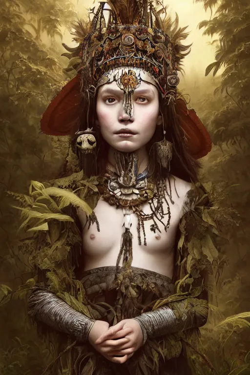 Image similar to A masterpiece ultrarealistic portrait of a Irristible angel princess tribal-shaman-knight-witch-ghost with Skull Iron mask. baroque renaissance girl in the night forest. medium shot, intricate, elegant, highly detailed. trending on artstation, digital art, by Stanley Artgerm Lau, WLOP, Rossdraws, James Jean, Andrei Riabovitchev, Marc Simonetti, Yoshitaka Amano. background by James Jean and Gustav Klimt, light by Julie Bell, 4k, porcelain skin.