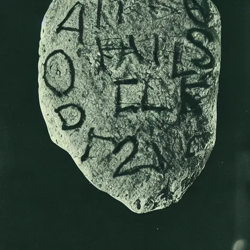 Image similar to An old, creepy, but very detailed photograph found of a suspicious rock near a lava lake with a very difficult equation written on it.