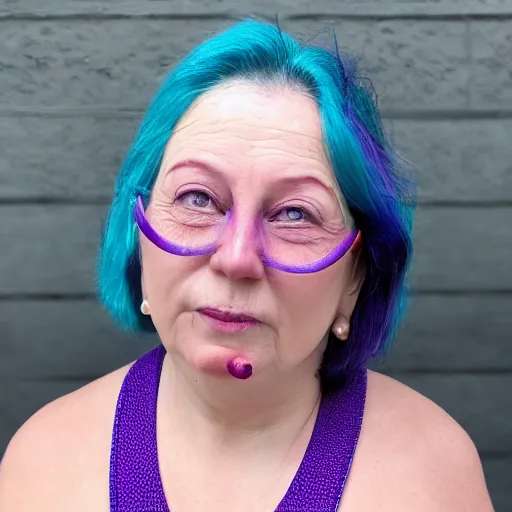 Prompt: a woman with 3 eyes and violet hair wearing a tank top.