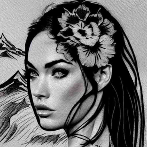 Prompt: tattoo design sketch with double exposure effect, megan fox face and beautiful mountain scenery, in the style of matteo pasqualin, amazing detail