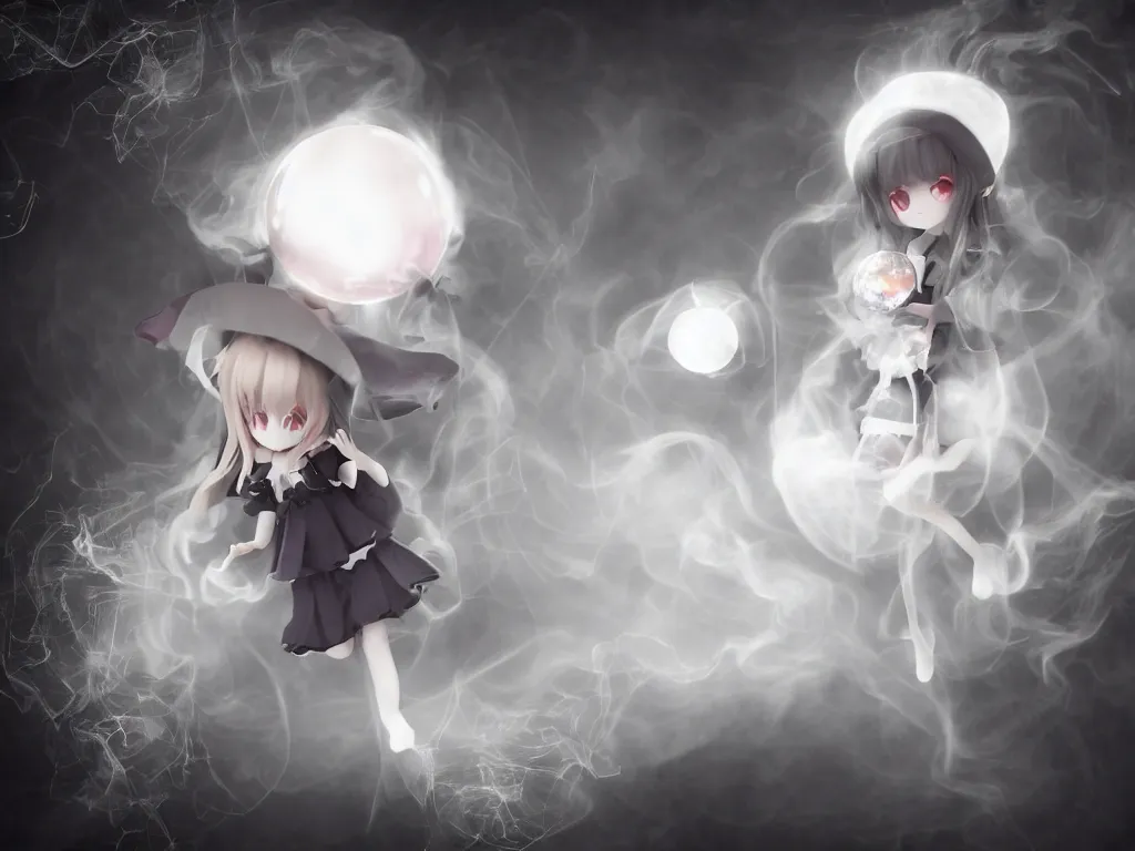 Image similar to cute fumo plush girl gazing into a crystal ball swirling with strange energy, casting a powerful spell, black and white eldritch gothic horror, smoke and volumetric fog, witch girl, soothsayer, lens flare glow, chibi anime, vray