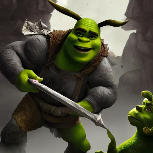 Image similar to shrek fighting an evil donkey, dynamic, action pose, digital painting, WLOP, trending on artstation, 8k, epic composition, highly detailed, sharp focus