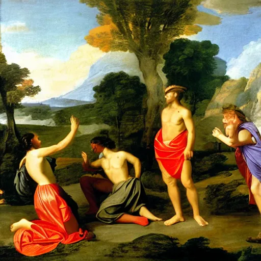 Prompt: shepherds of arcadia by poussin, all decently dressed characters
