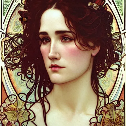 Prompt: realistic detailed face portrait of a flower punk Jennifer Connelly by Alphonse Mucha, Ayami Kojima, Amano, Charlie Bowater, Karol Bak, Greg Hildebrandt, Jean Delville, and Mark Brooks, Art Nouveau, Neo-Gothic, gothic, rich deep moody colors