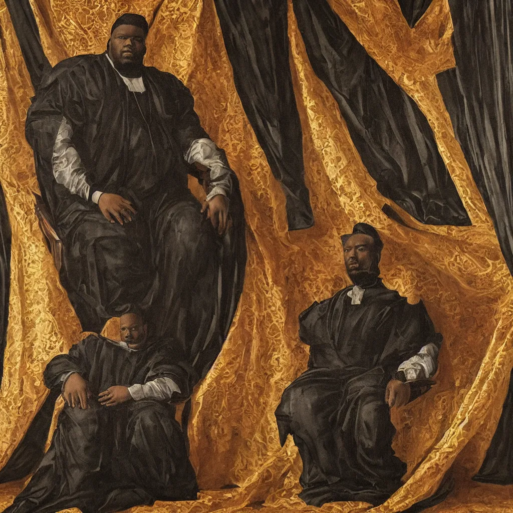 Image similar to Large black man sitting on throne wrapped in silk, background made of large folding curtains, dimly lit, dark, renaissance painting, style of carrivagio