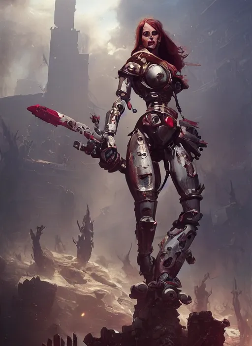 Prompt: hyper realistic heroic warhammer machine warrior android girl, cinematic, chaos marine, emma watson, artstation, cgsociety, full body, greg rutkowski, james gurney, mignola, craig mullins, brom redshift, vray, octane