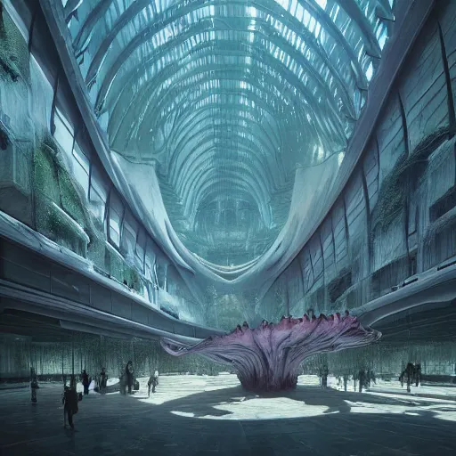 Image similar to epic alien jungle by zdzisław beksinski, greg rutkowski inside a giant futuristic mall by zaha hadid, inspired by the movie matrix