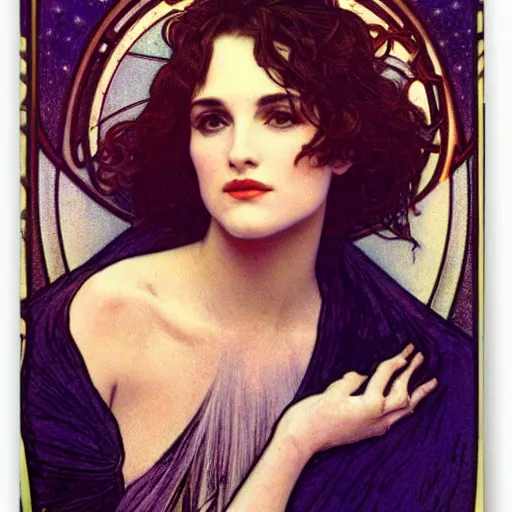 Image similar to winona ryder portrait by louis - theophile hingre and alphonse mucha, realistic, sharp focus, zodiac signs, tarot cards, planets, ethereal, art nouveau, magic, moon, sun, crown, dreamy, royal, jewellery