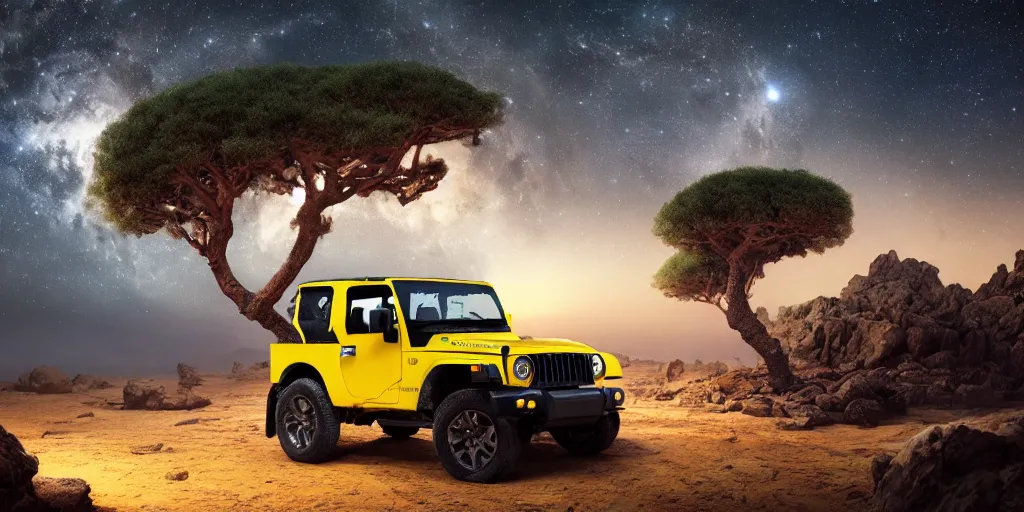 Image similar to yellow mahindra thar riding through moonlit socotra island with dragon trees, starry night, sharp focus, wide shot, trending on ArtStation, masterpiece, by Greg Rutkowski, by Ross Tran, by Fenghua Zhong, corona render, soft render, ultrarealistic, colorful, cinematic, shadow of the tomb rider