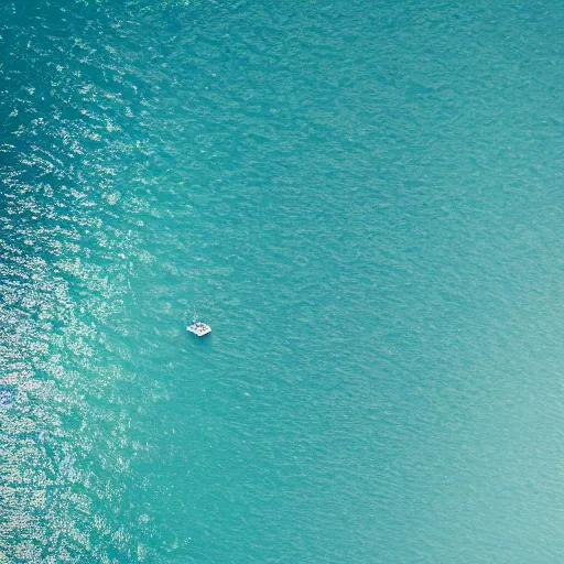 Image similar to aerial view of a lone boat in the middle of the ocean. 35mm. tilt shift. 8k. high resolution photo. detailed. sharp W-1024 H-1024