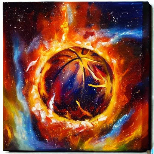 Image similar to An expressive oil painting of a basketball player dunking, depicted as an explosion of a nebula