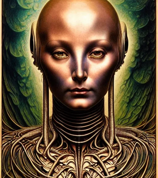 Image similar to detailed realistic beautiful young cher alien robot as queen of mars portrait by jean delville, gustave dore and marco mazzoni, art nouveau, symbolist, visionary, mandelbulb 3 d, baroque. horizontal symmetry by zdzisław beksinski, iris van herpen, raymond swanland and alphonse mucha. highly detailed, hyper - real, beautiful