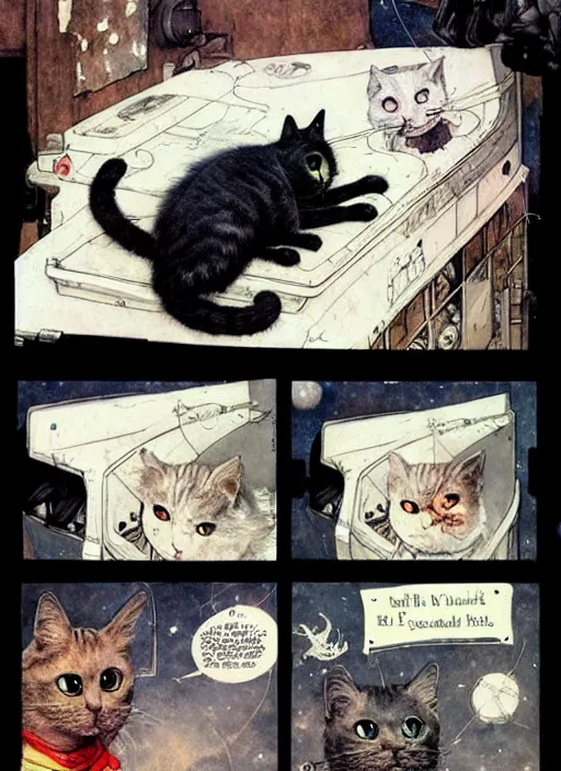 Image similar to a hyper realistic ink cat in a spaaceship 6 panel comic by chiara bautista and norman rockwell and greg rutkowski weta studio, and lucasfilm