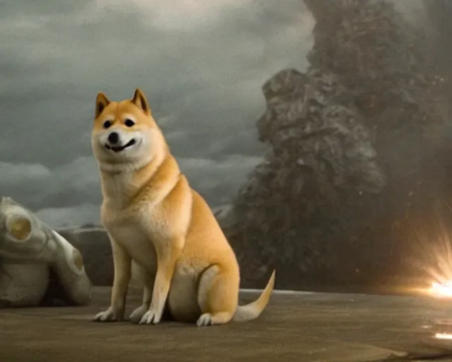 Image similar to godzilla as a shiba inu in a Godzilla: King of the Monsters still film directed by Christopher Nolan, shooting beams from its mouth and toppling over cities, epic action scene