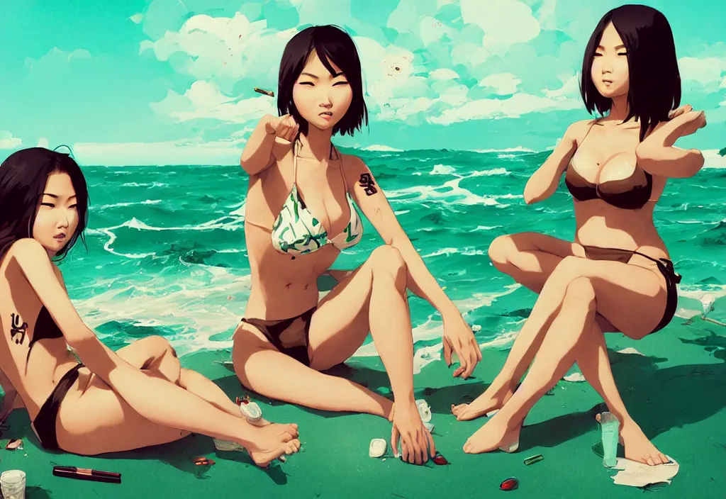 Image similar to two cute asian girls sitting on a beach in bikinis covered with yakuza tattoos, fantasy, by atey ghailan, by greg rutkowski, by greg tocchini, by james gilleard, by joe gb fenton, by kaethe butcher, dynamic lighting, gradient light green, brown, blonde cream and white color in scheme, grunge aesthetic