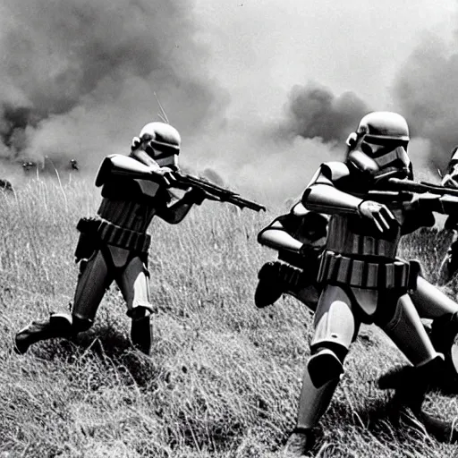 Image similar to star wars clone troopers combat soldiers in vietnam, photo, old picture, lush landscape, jungle, firearms, explosions, helicopters, aerial combat, active battle zone, flamethrower, air support, jedi, land mines, gunfire, violent, star destroyers, star wars lasers, sci - fi, jetpacks, agent orange, bomber planes, smoke, trench warfare