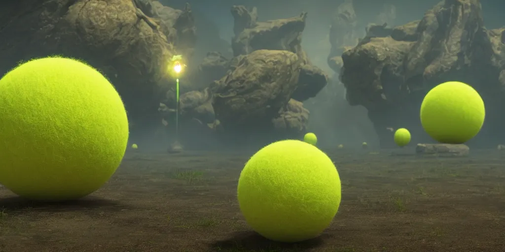 Image similar to a cinematic poster photo of 8 k ultra realistic tennis ball monsters, exotic, cinematic lighting, trending on artstation, 4 k, hyperrealistic, focused, high details, unreal engine 5, cinematic, alien planet atmosphere in background, 3 d render by beeple