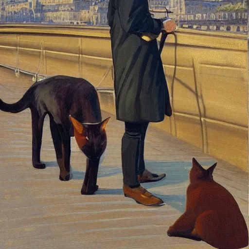 Prompt: ewan mcgregor is standing by the river seine on a bridge in the morning. he is wearing a gentleman ´ s outfit with a bowler hat. next to him at his feet is lying a brown cat. ewan mcgregor is painting a canvas that is put on an easel. morning light. early 2 0 th century paris. vivid colours, digital art, by miyazaki