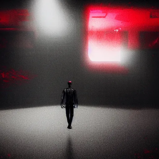 Image similar to cctv of an extremely dark empty abandoned building with glowing humanoid cryptid made out of television static, dark deep black shadows, red and black color contrast in the style of trevor henderson, liminal space, 3 d octane render, glitch effect