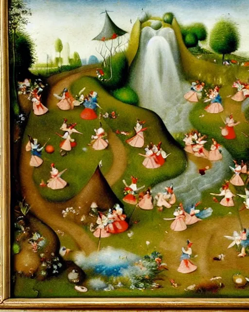 Prompt: miniature diorama painting of the garden gnomes filled with whimsical fairies dancing in a river of waterfalls falling from the cotton clouds with realistic cloud background by Bosch and Breugel